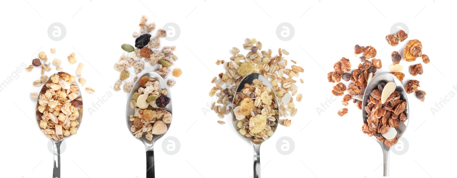 Image of Set with different delicious granola on white background, top view. Banner design