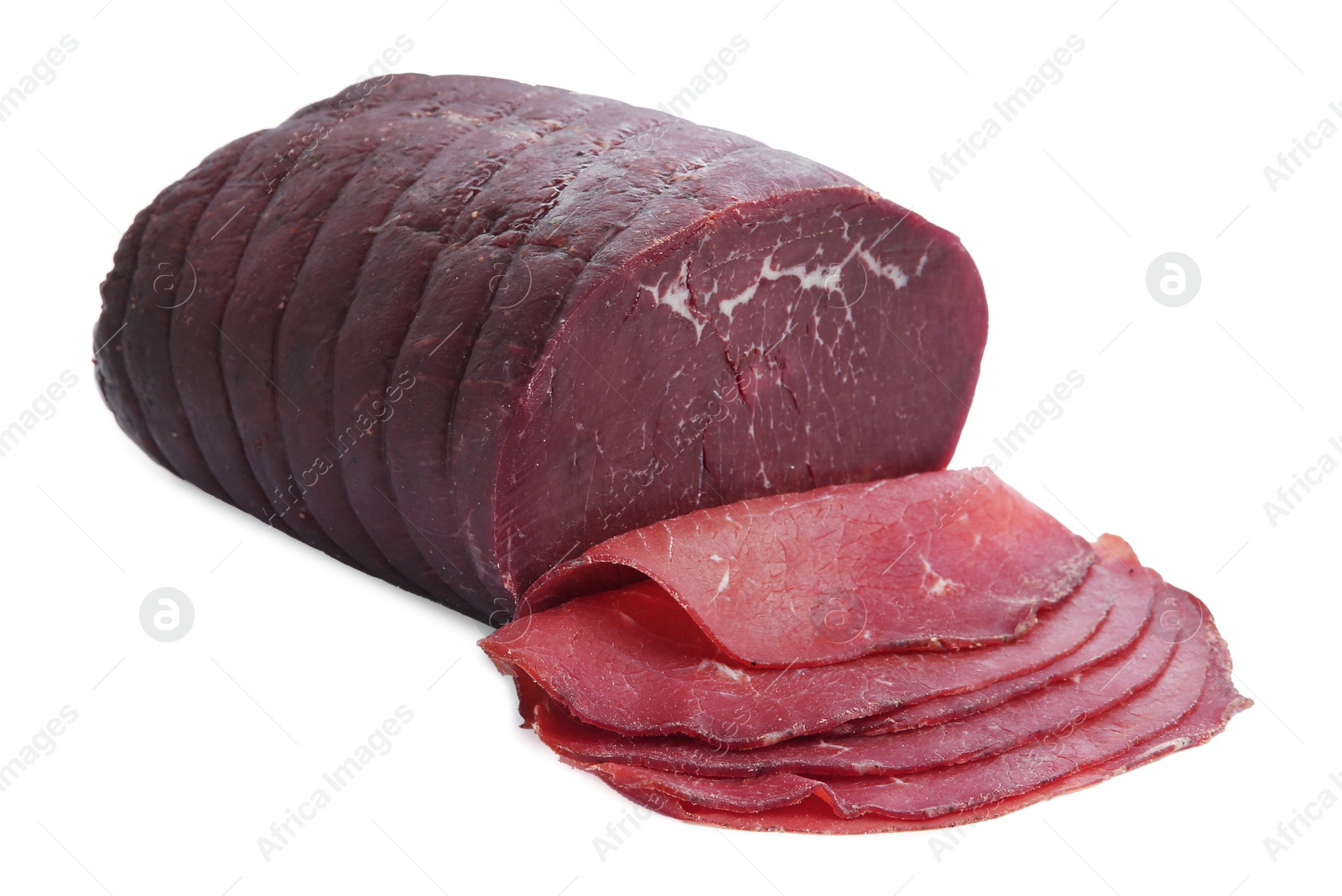 Photo of Tasty fresh dry bresaola isolated on white