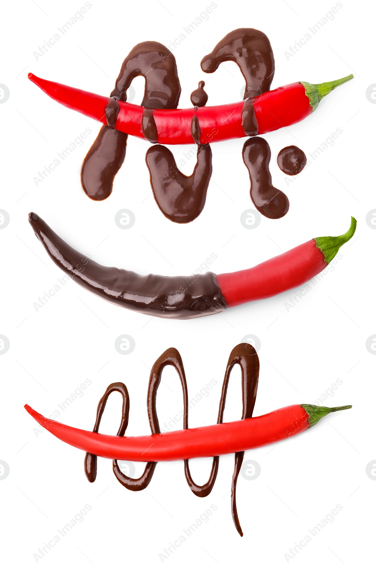 Image of Set of red chili peppers with melted chocolate on white background, top view