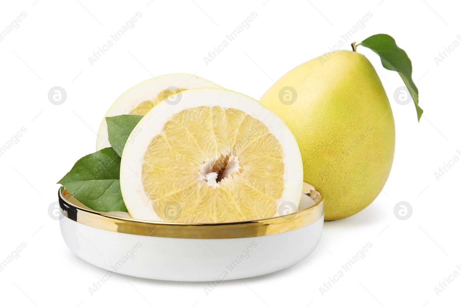 Photo of Tasty whole and cut pomelo fruits isolated on white