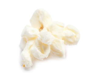 Photo of Delicious salty popcorn on white background