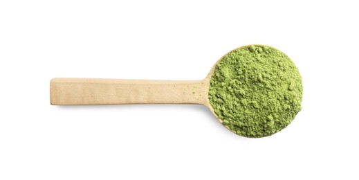 Wooden spoon with green matcha powder isolated on white, top view