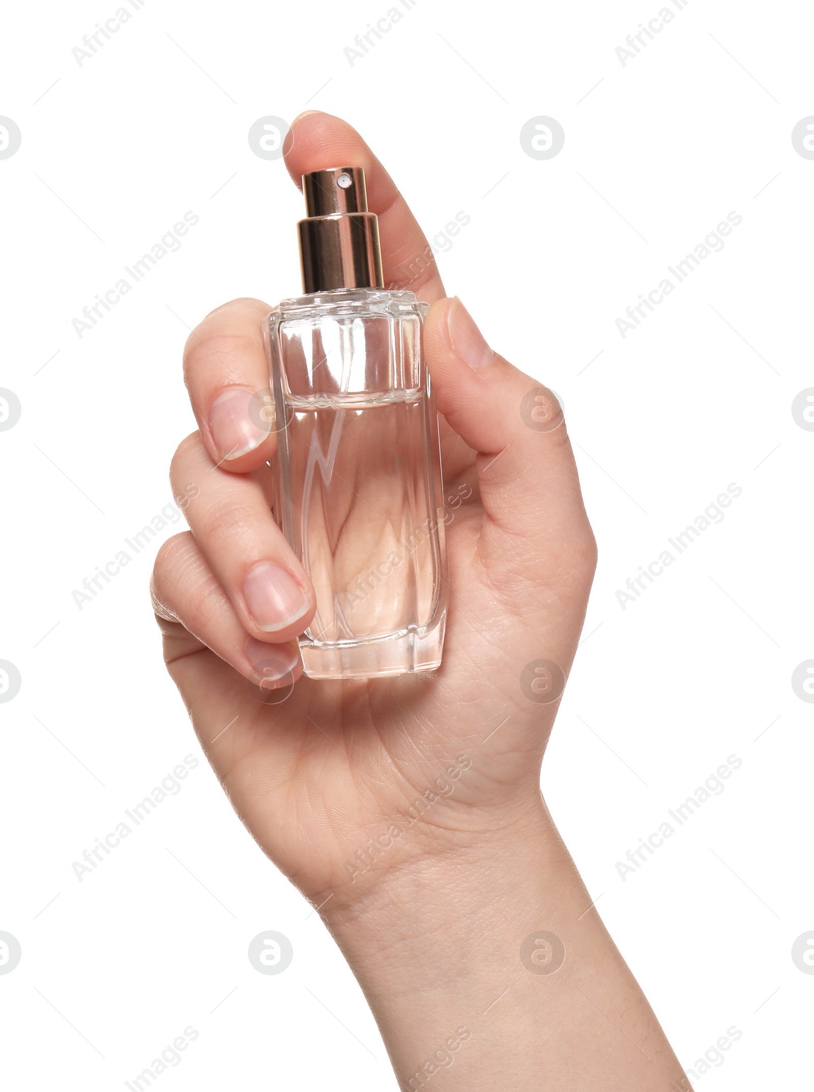 Image of Woman with bottle of perfume on white background, closeup