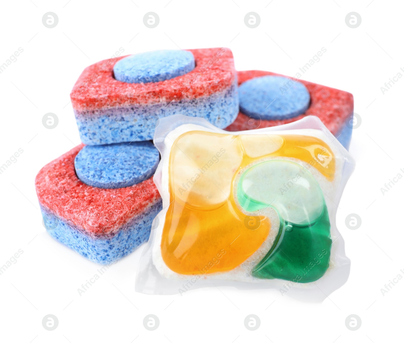 Photo of Dishwasher detergent pod and tablets on white background