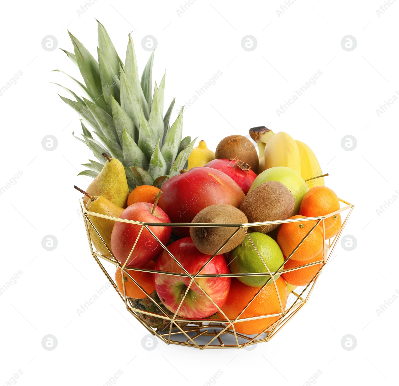 Photo of Metal bowl with different fresh fruits isolated on white