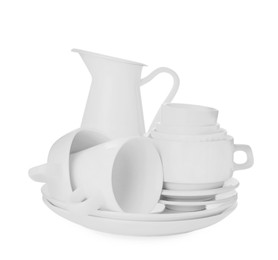 Set of clean dishes on white background