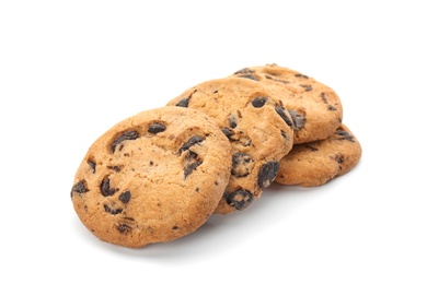 Photo of Pile of tasty chocolate chip cookies on white background