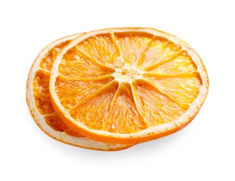 Photo of Delicious dry orange slices on white background