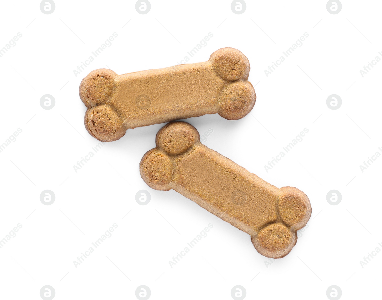 Photo of Bone shaped dog cookies on white background, top view