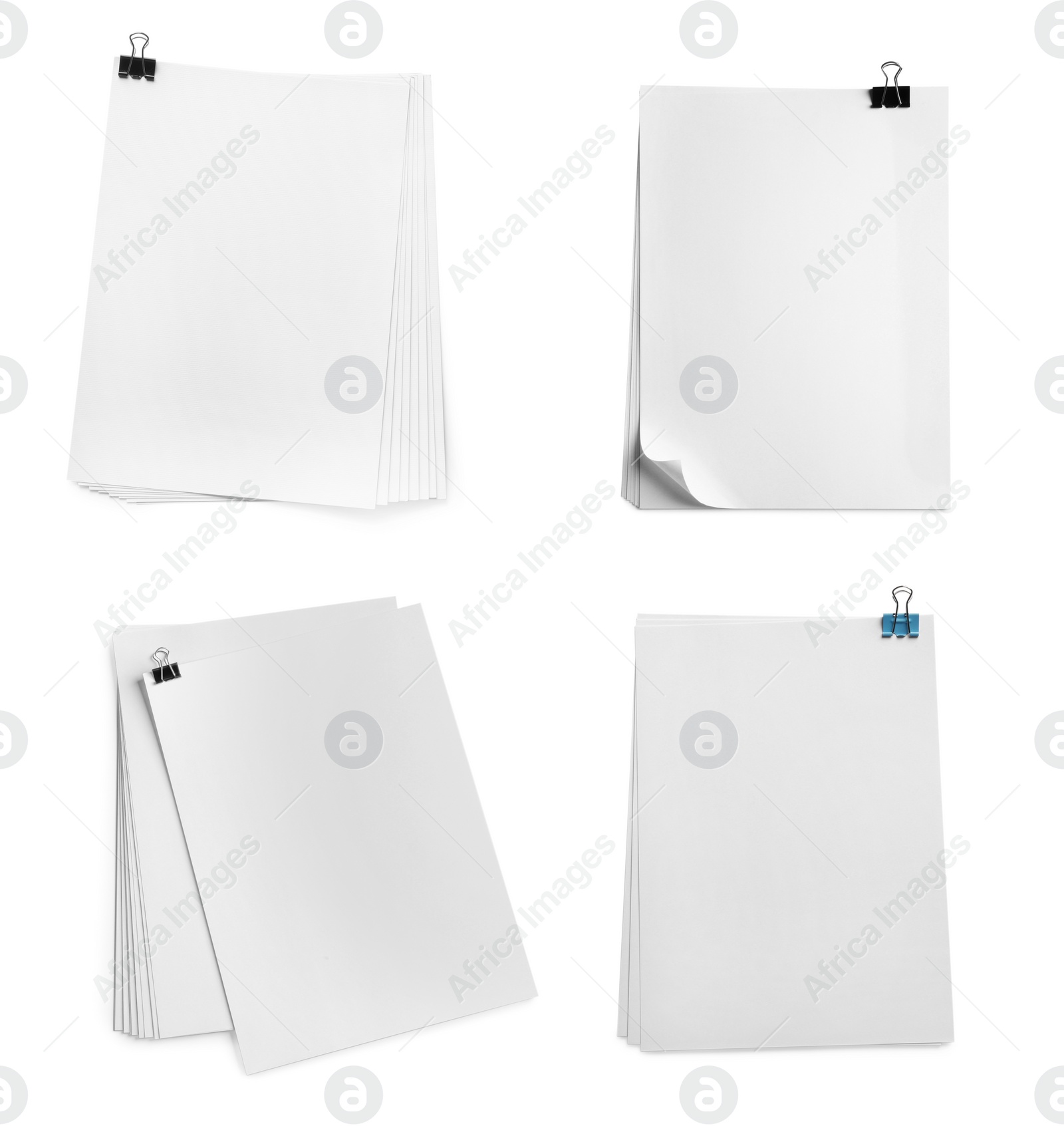 Image of Set of blank sheets of paper with binder clips on white background, top view