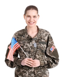 Photo of Female soldier with American flag on white background. Military service