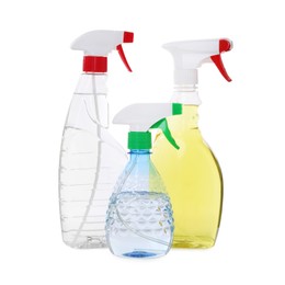 Photo of Plastic spray bottles with liquid isolated on white