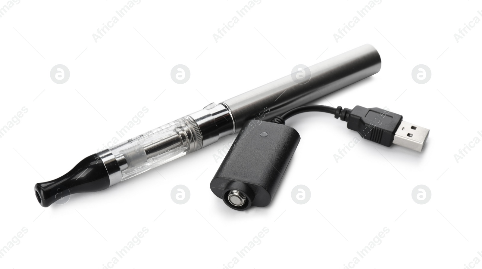 Photo of Electronic smoking device and charger on white background