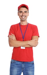 Photo of Portrait of happy young courier on white background