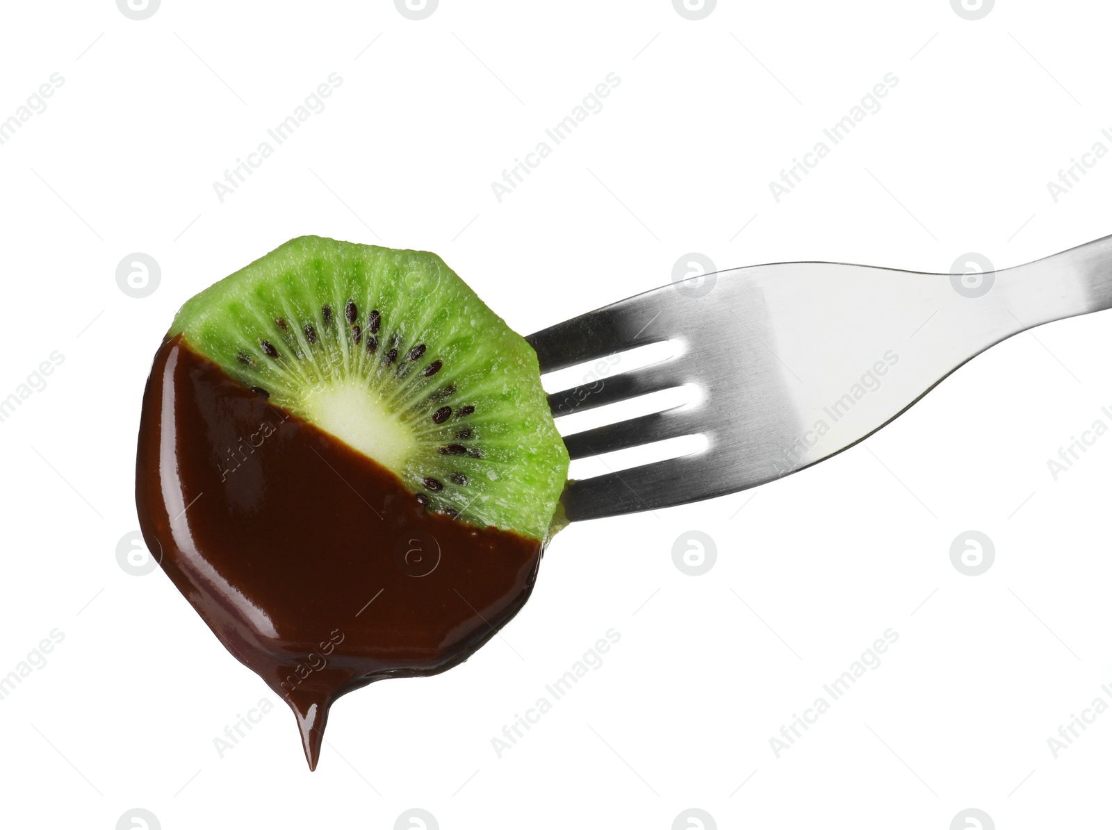 Photo of Kiwi with chocolate on fondue fork against white background