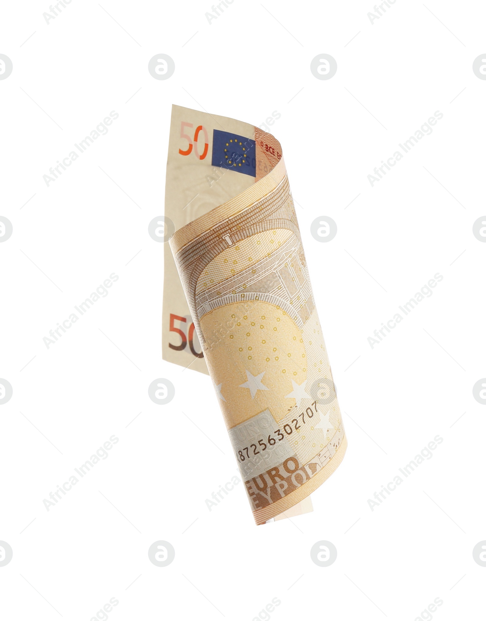 Photo of Euro banknote isolated on white. Flying money