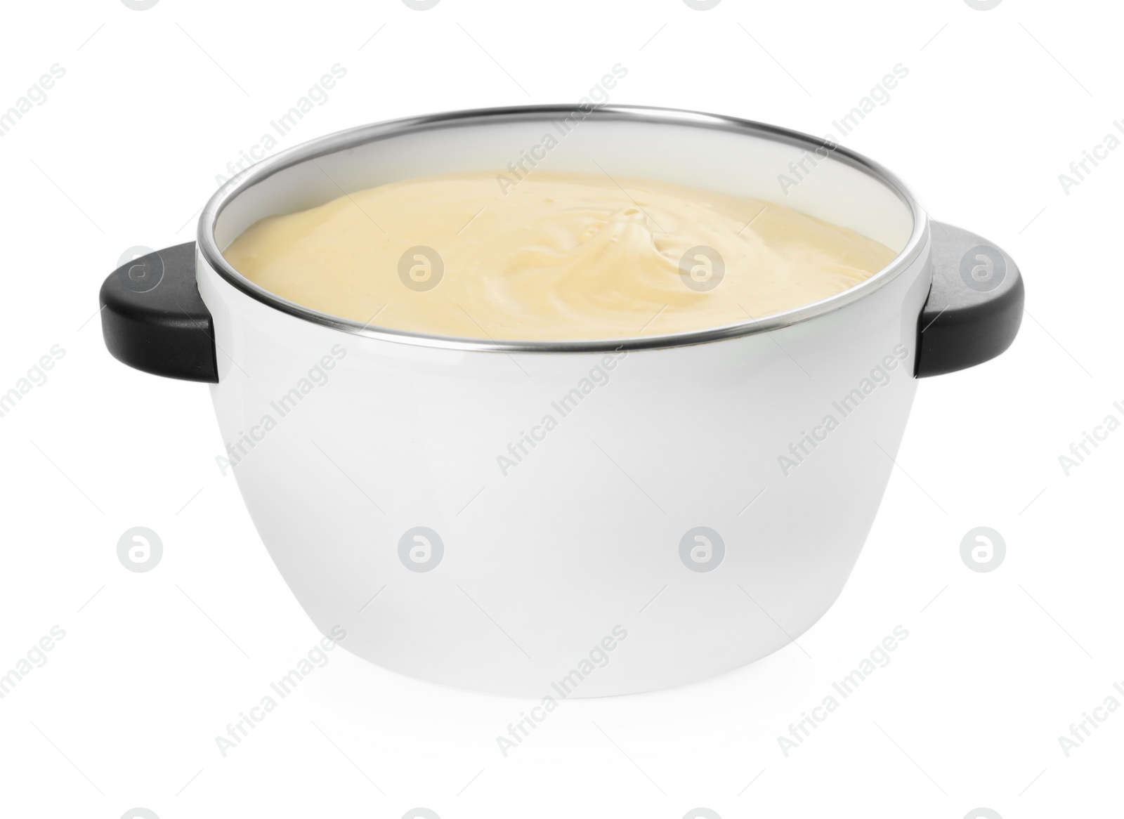 Photo of Fondue pot with tasty melted cheese isolated on white