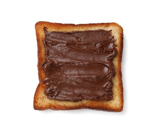 Photo of Piece of fresh toast bread with tasty chocolate paste isolated on white, top view