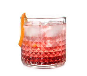 Glass of refreshing cocktail with ice cubes on white background