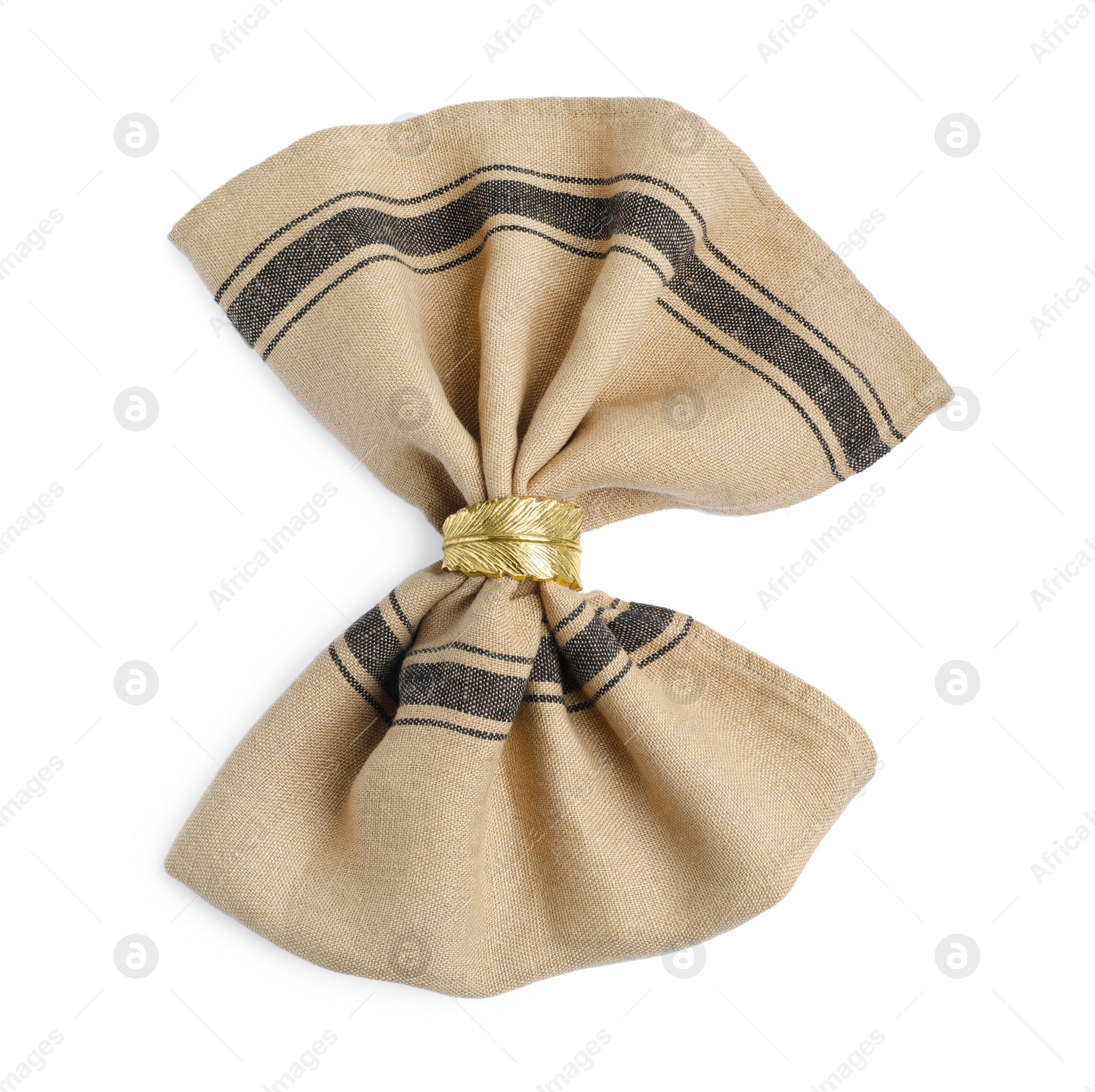 Photo of Fabric napkin with decorative ring on white background, top view