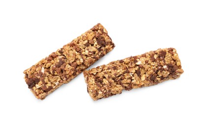 Photo of Two tasty granola bars isolated on white, top view
