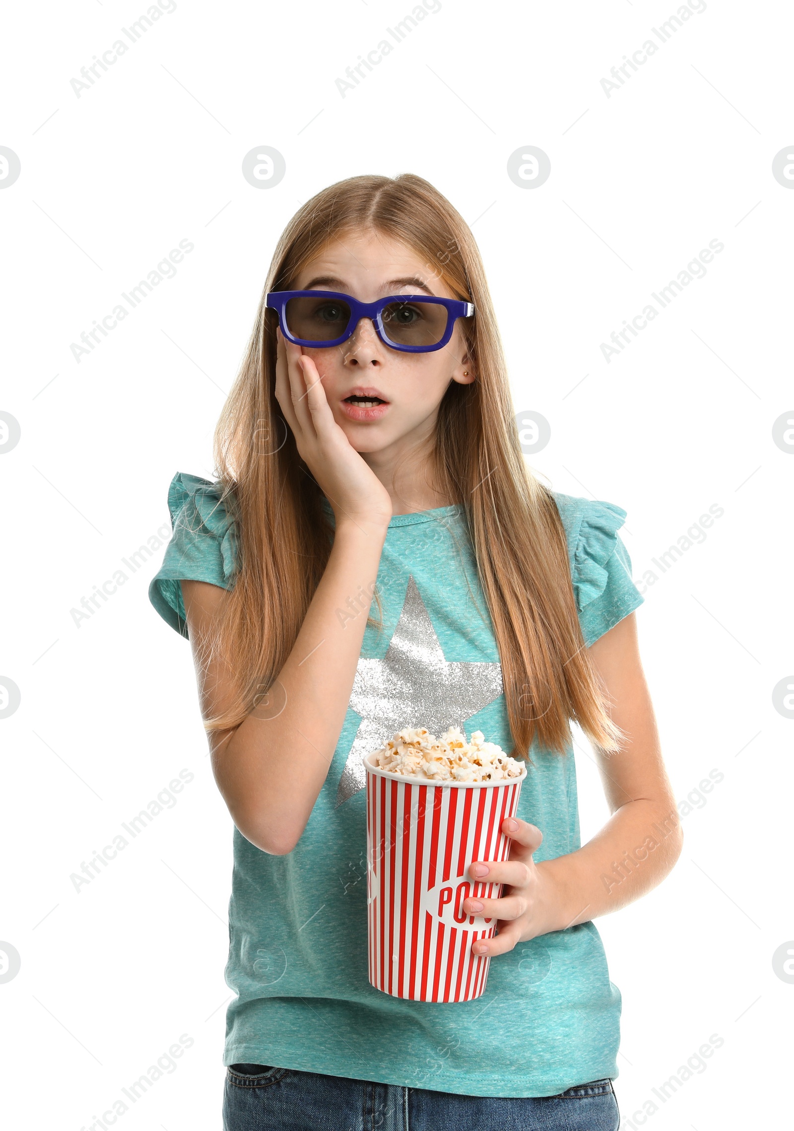 Photo of Emotional teenage girl with 3D glasses and popcorn during cinema show on white background