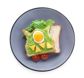 Photo of Halloween themed breakfast isolated on white, top view. Tasty sandwich with fried egg