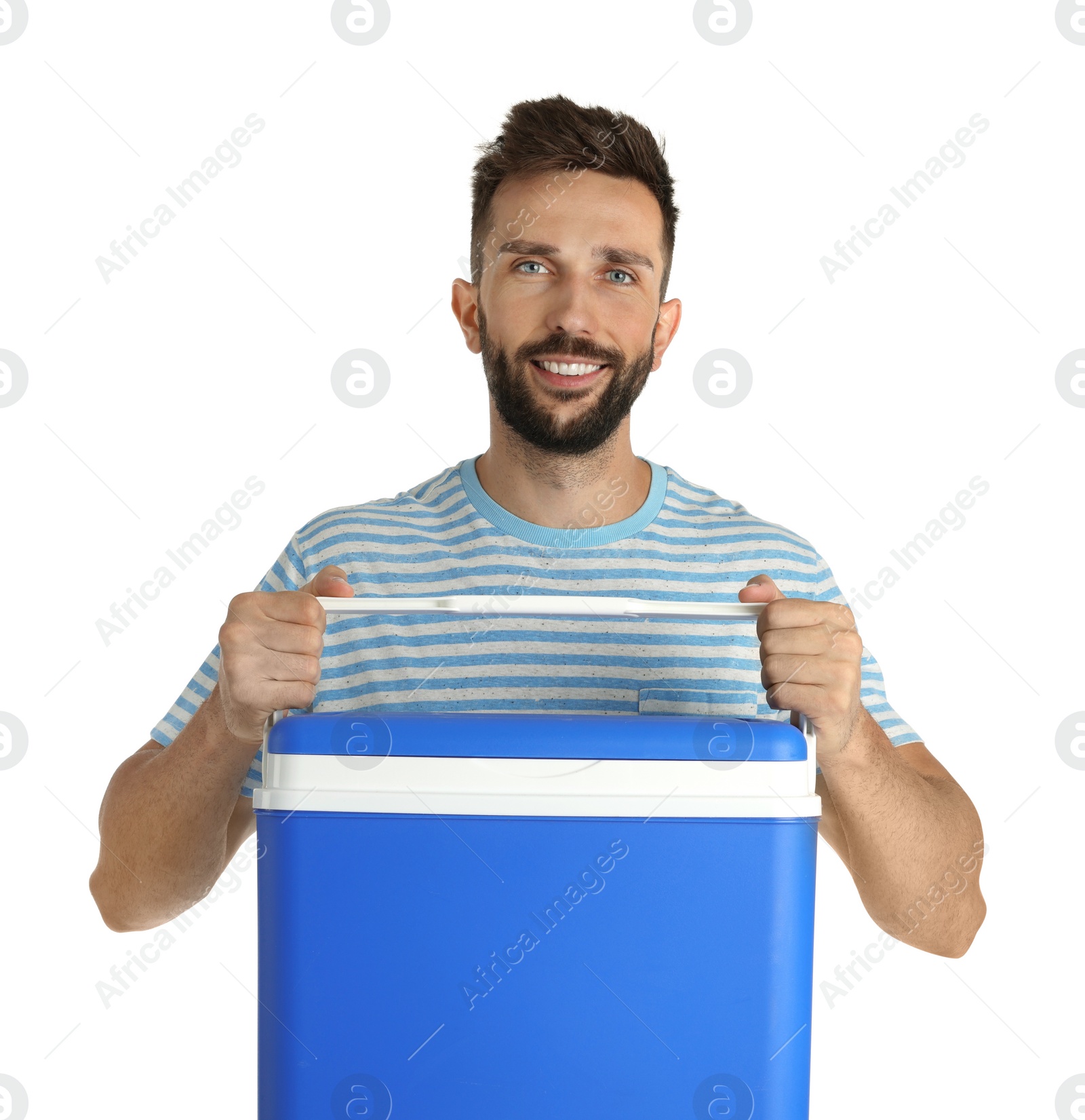 Photo of Happy man with cool box on white background