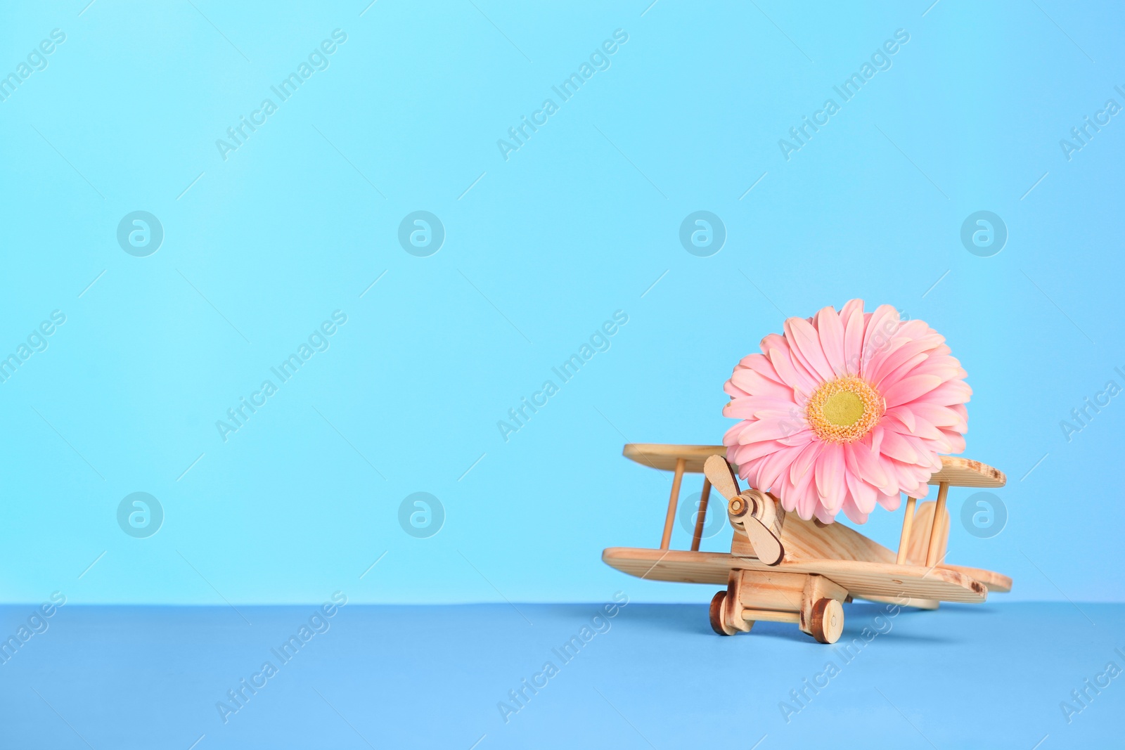 Photo of Wooden plane and flower on table against color background, space for text. International Women's Day