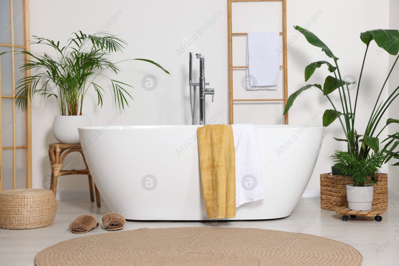 Photo of Stylish bathroom interior with modern ceramic tub and beautiful houseplants