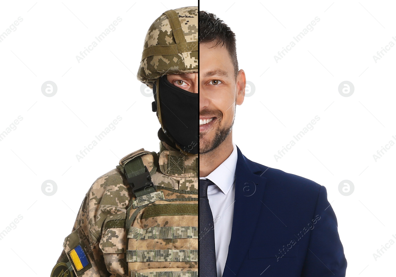 Image of Man as military and businessman isolated on white, collage dividing portrait