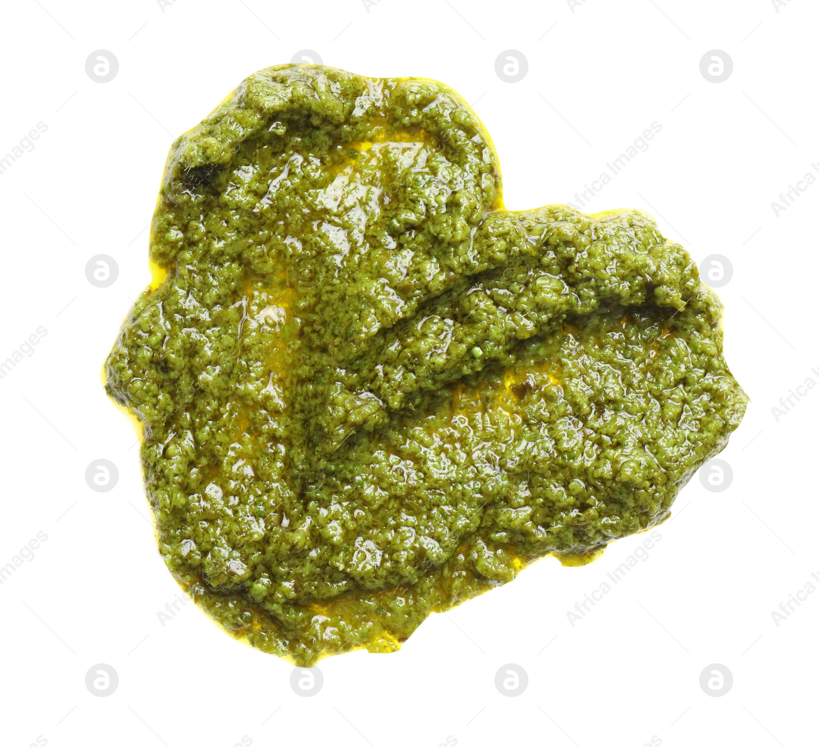 Photo of Heart shaped sample of tasty pesto sauce isolated on white, top view