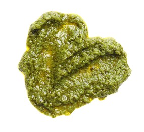 Heart shaped sample of tasty pesto sauce isolated on white, top view