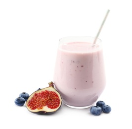 Delicious fig smoothie and ingredients on white background