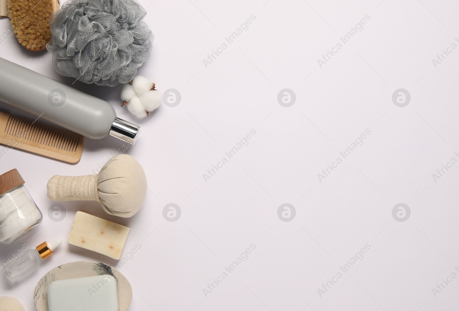 Photo of Bath accessories. Flat lay composition with personal care products on white background, space for text