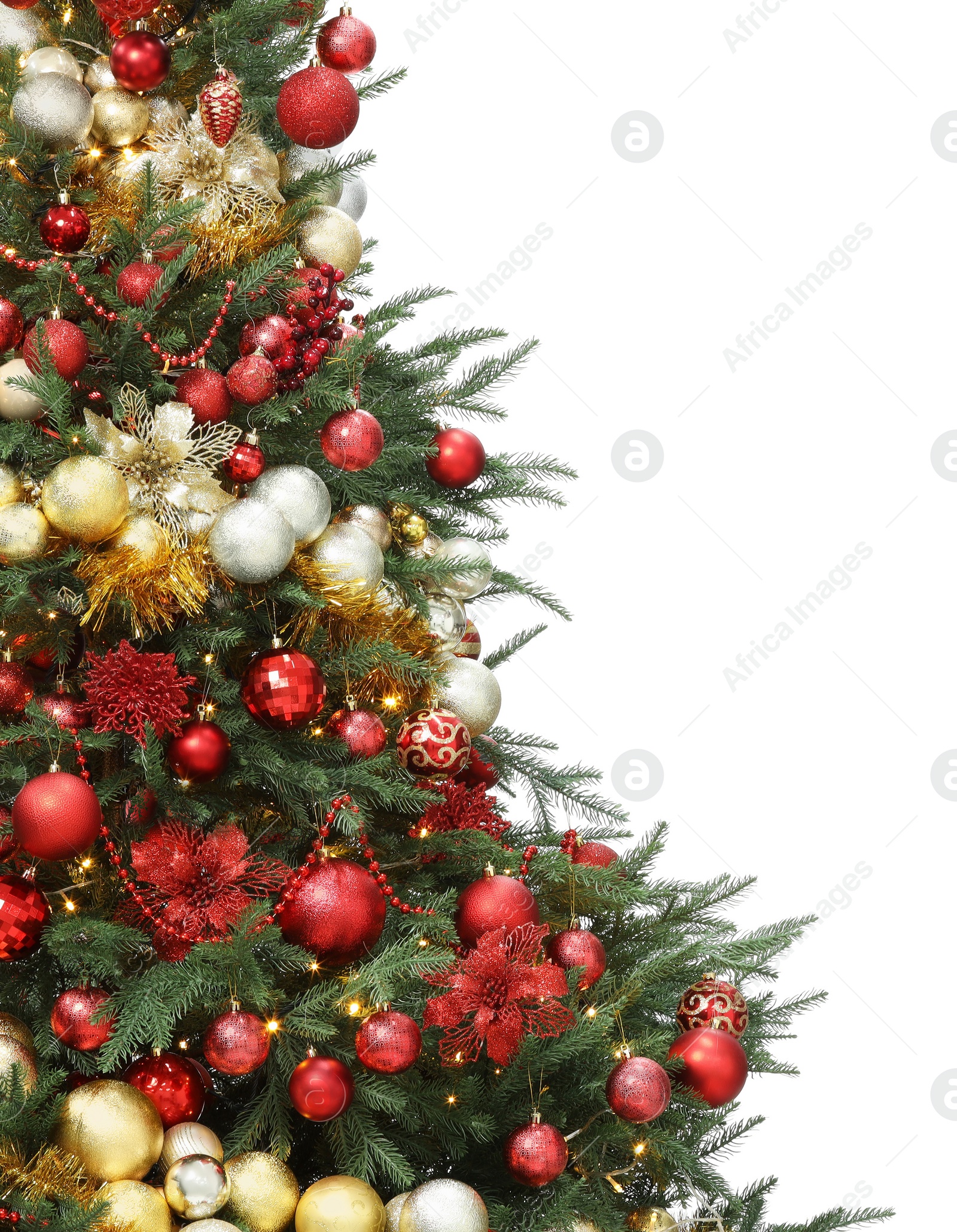 Photo of Beautiful Christmas tree decorated with ornaments and garland isolated on white