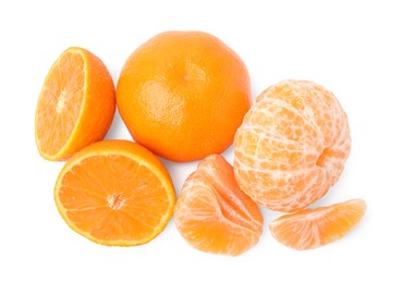 Photo of Fresh ripe juicy tangerines on white background, top view