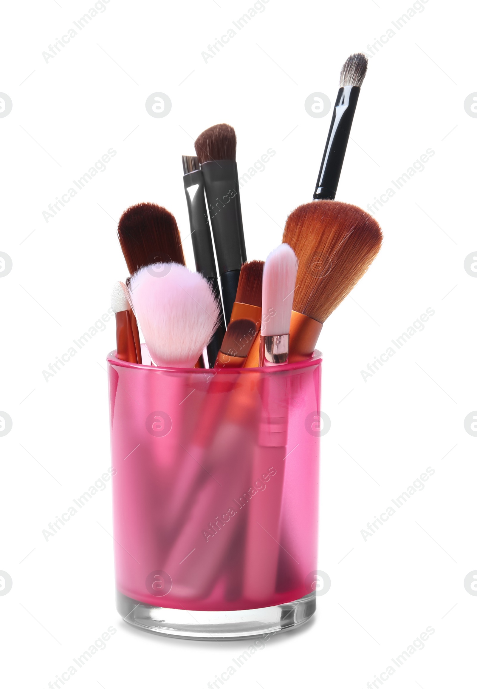 Photo of Holder with makeup brushes of professional artist on white background