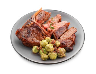 Photo of Delicious fried beef meat, vegetables and thyme isolated on white