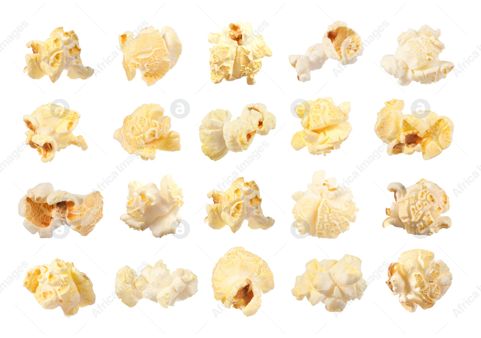 Image of Tasty popcorn. Many popped kernels isolated on white