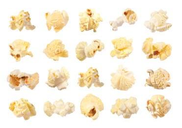 Image of Tasty popcorn. Many popped kernels isolated on white