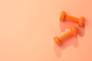 Photo of Two dumbbells on coral background, top view. Space for text