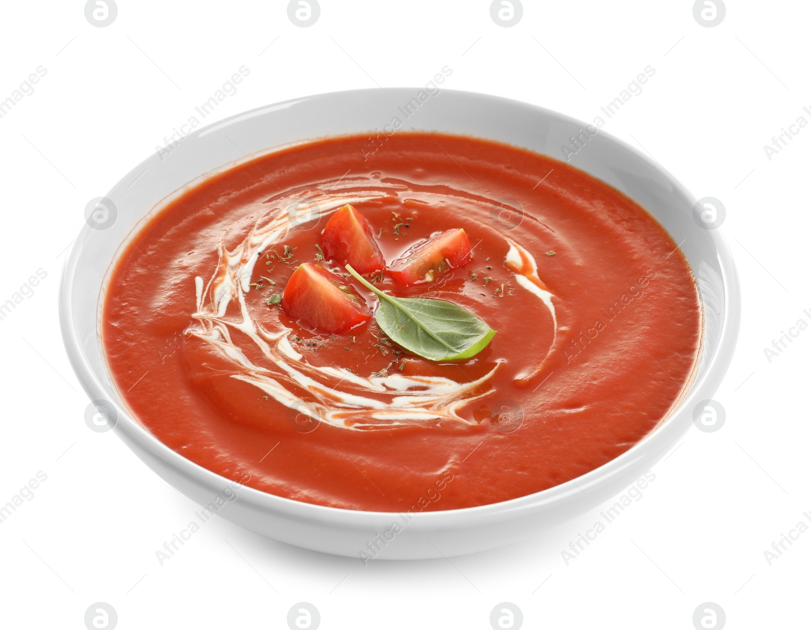 Photo of Dish with tomato cream soup on white background. Healthy food