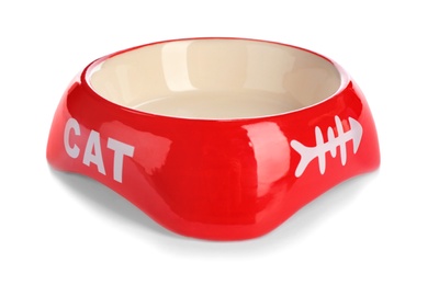 Photo of Cat bowl on white background. Pet care
