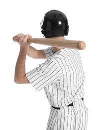 Photo of Baseball player taking swing with bat on white background, back view