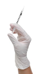 Doctor holding medical syringe on white background, closeup