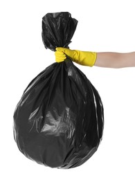 Photo of Janitor in rubber glove holding trash bag full of garbage on white background, closeup