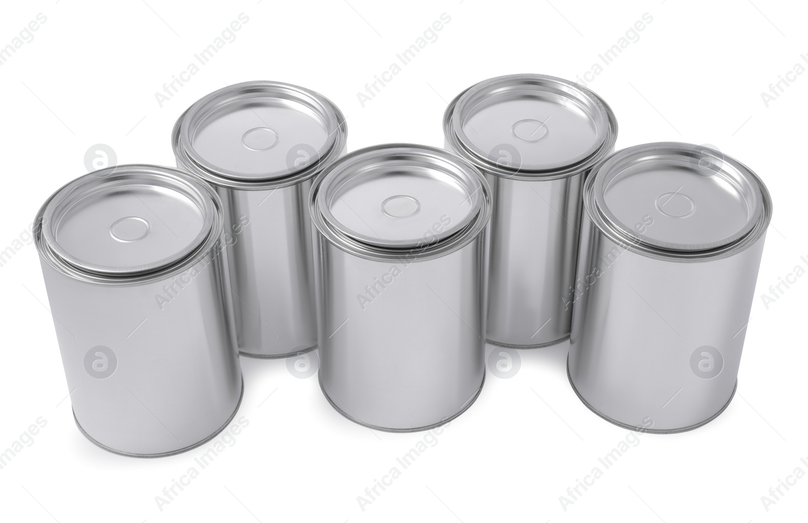 Photo of Many cans of paints on white background