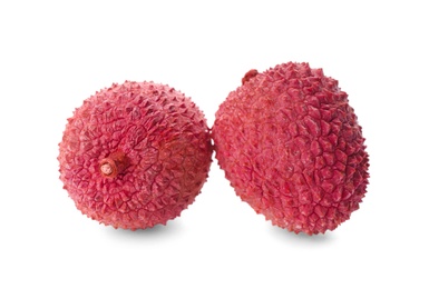 Photo of Fresh ripe lychees on white background, closeup. Exotic fruit