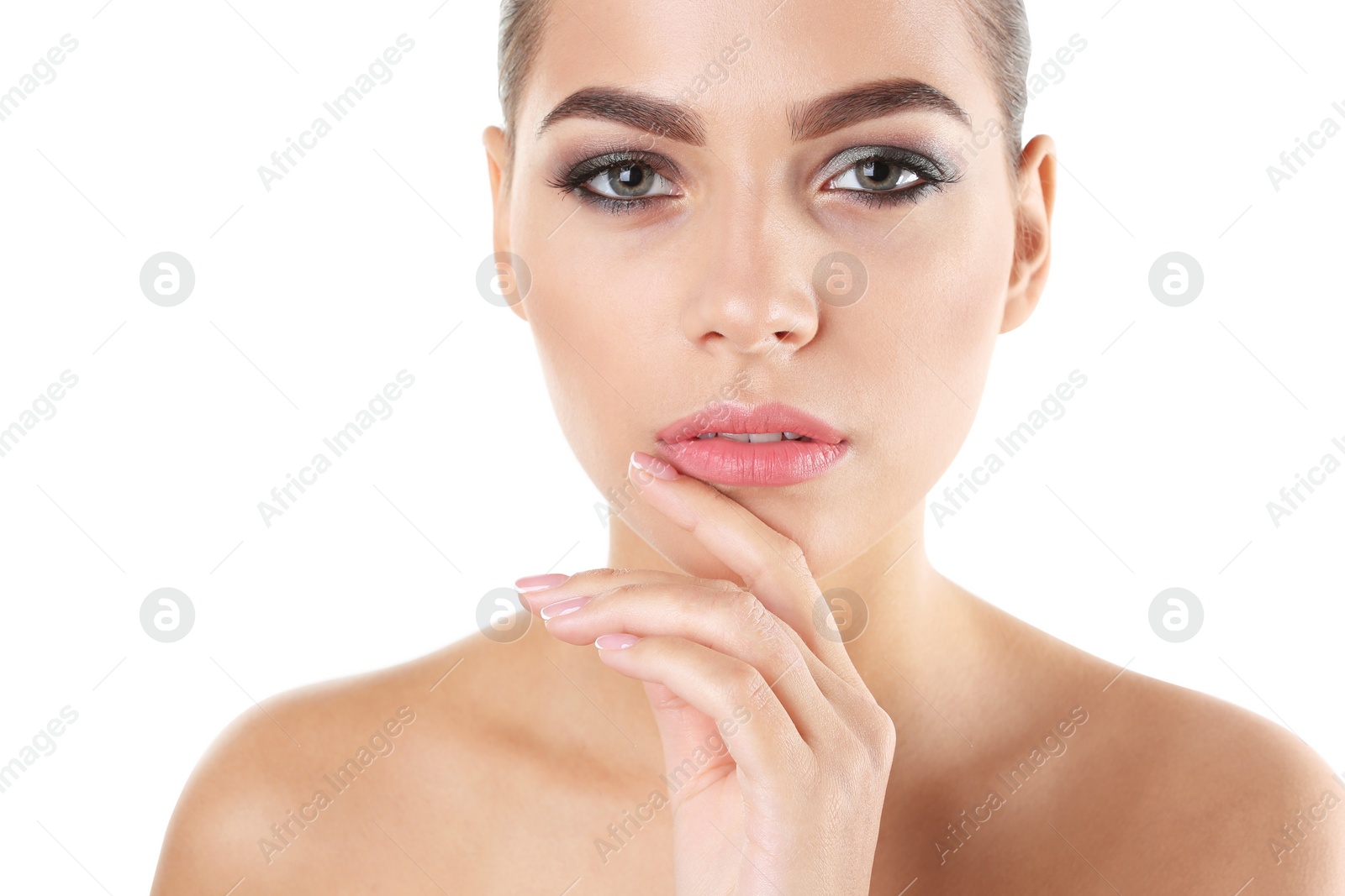 Photo of Portrait of beautiful woman with stylish makeup on white background